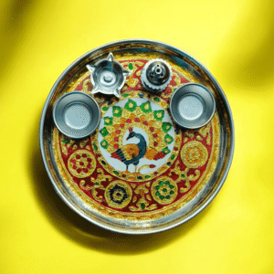 Steel puja thali with bowls and meenakari work