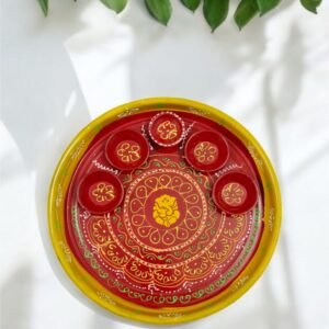 Steel puja plate with 5 bowls and yellow boundary